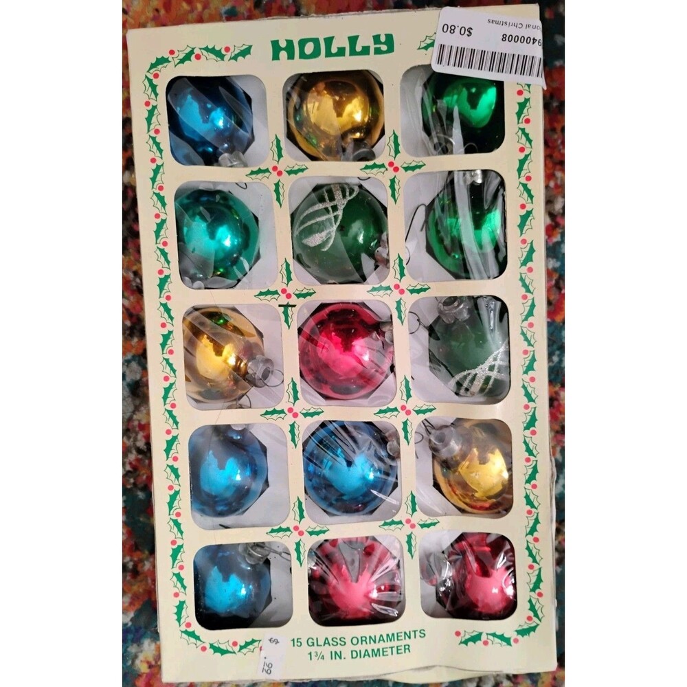 Vtg Holly Christmas Ornaments Box of 15 Multicolor Mercury Glass Bulbs